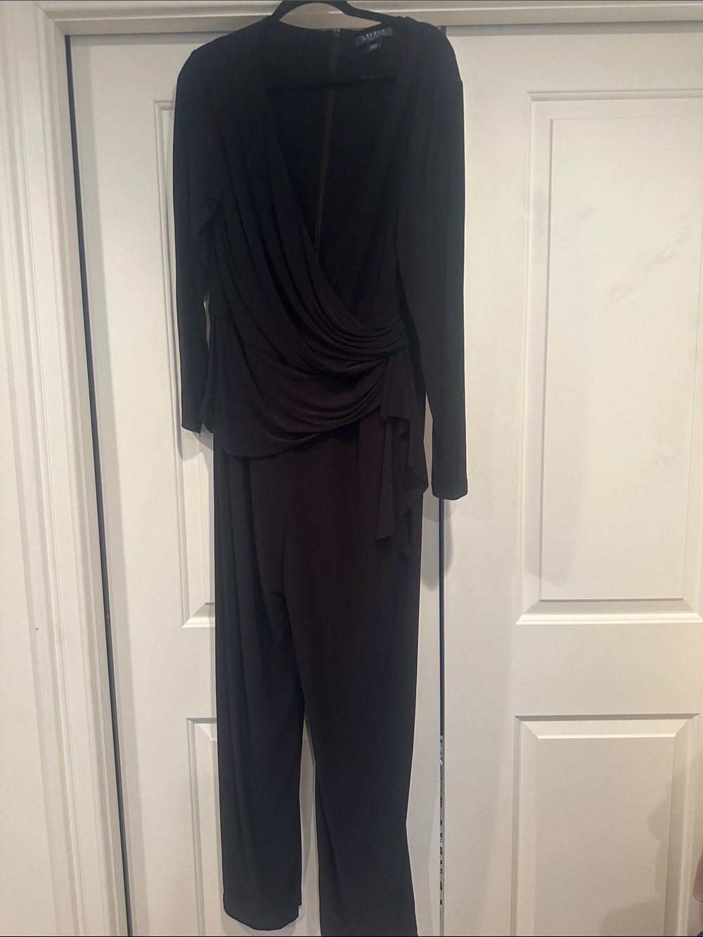 Lauren Ralph Lauren Black Draped Faux-Wrap Long-Sleeve Jumpsuit with Side Tie